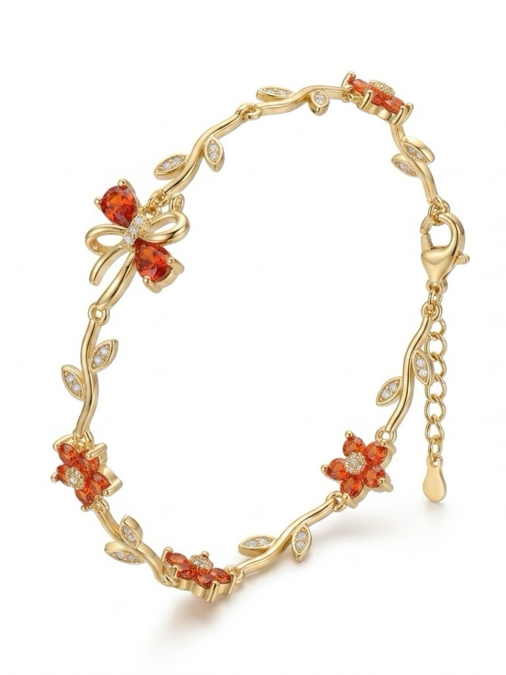 Gold & Orange Crystal Floral & Bow Charm Bracelet